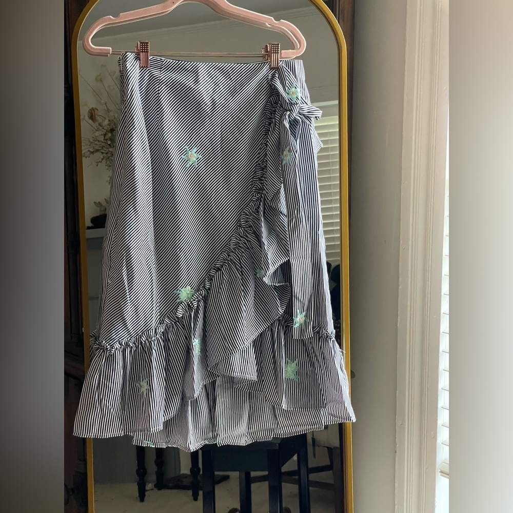 Dance & Marvel Floral Embroidered Black and White Striped Ruffle Wrap Skirt